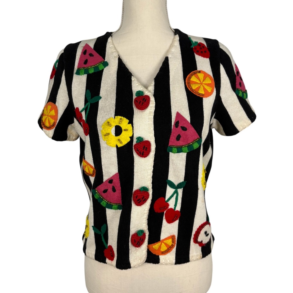Michael Simon‎ Vintage Fruit Stripe Beaded Knit Cardigan Sweater Womens Black